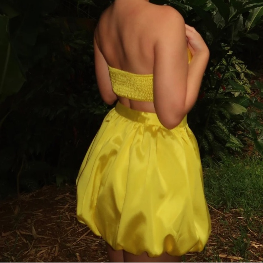 Yellow Satin Strapless Crop Top & Skirt Set - Picture 3 of 3